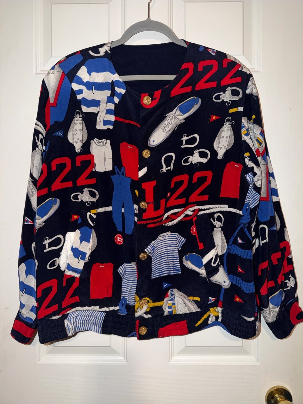 GW Design Studio Vintage Silk Nautical Graphic Print Reversible Bomber Jacket